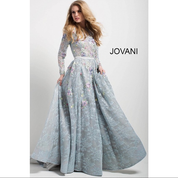 Jovani Long Sleeve Multi Floral Illusion Lace Gown - Picture 2 of 6